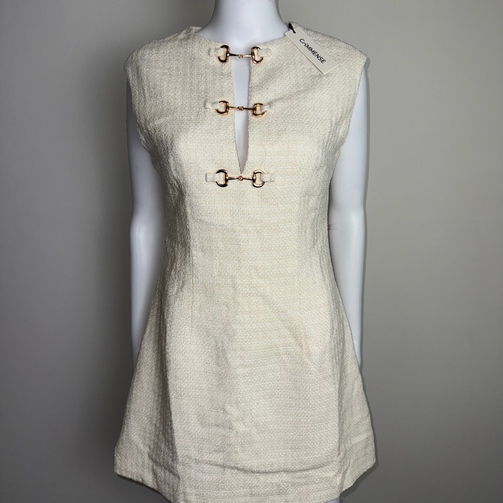 Commense Tweed Mini Dress Sleeveless Gold Buckle Detail Ivory Party Cocktail M - Picture 8 of 17